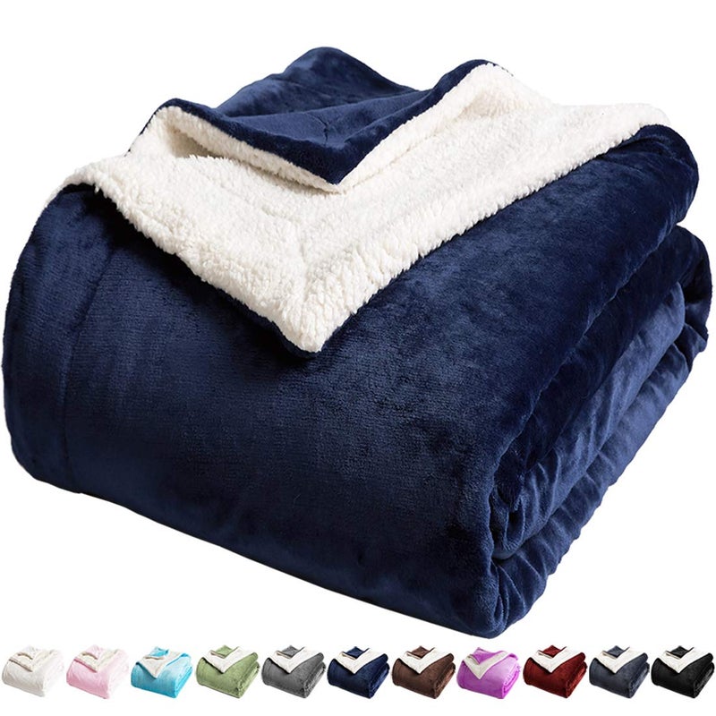 LBRO2M Sherpa Fleece Bed Blanket Twin Size Super Soft Fuzzy Plush Warm Cozy Fluffy Microfiber Couch Throw Velvet Double Reversible Luxurious Blankets,Navy Blue - Image 1